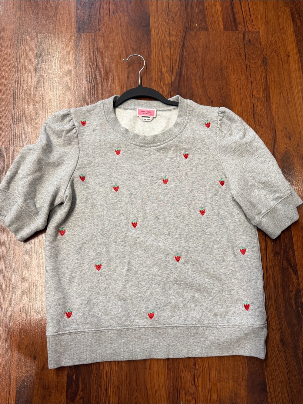 kate spade Gray Short Sleeve Sweatshirt with Red Strawberry Embroidery